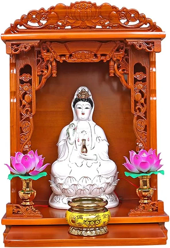 Altar budista de madeira maciça com portas mini armário de Buda montado na parede para o deus da riqueza