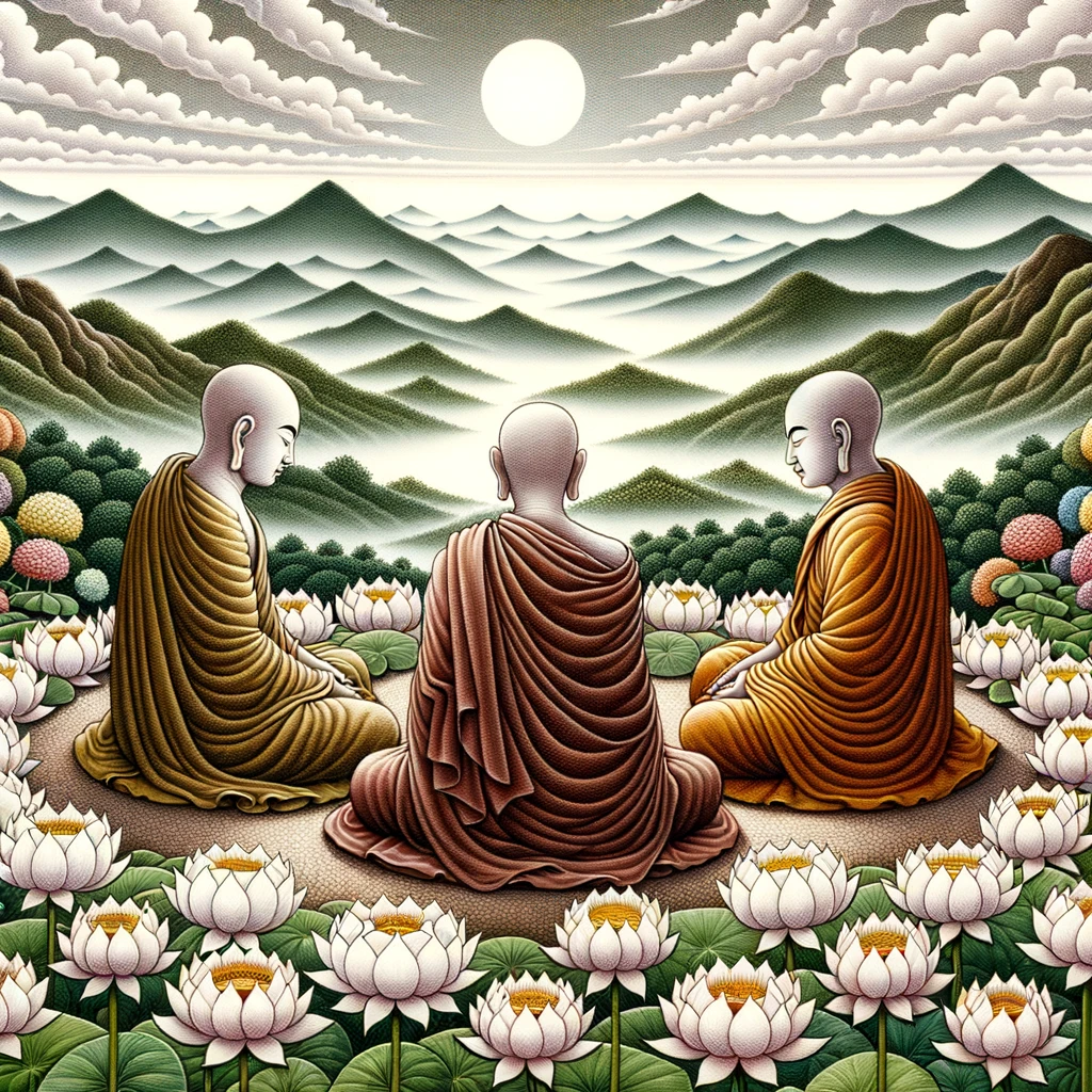 A Roda do Dharma em Diferentes Escolas Budistas MOnges meditando